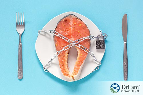 An image of fish on a plate with chains across it
