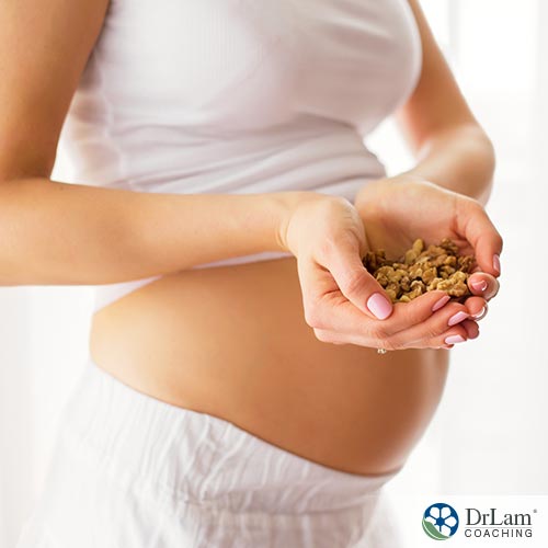 An image of a pregnant woman holding walnuts in both hands