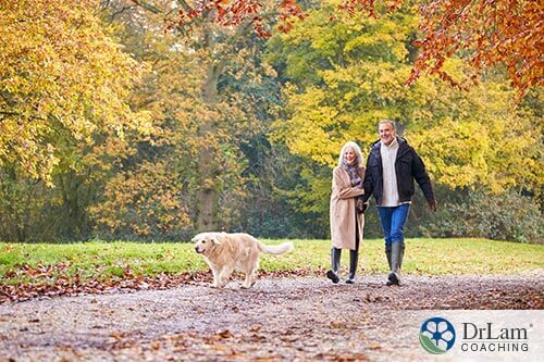 An image of an older couple walking in the woods with their dog