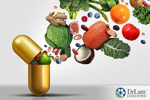 Vitamins supplements as a capsule with fruit vegetables nuts and beans inside a nutrient pill