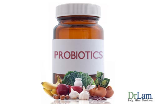 A bottle labeled probiotics and high blood pressure friendly foods.