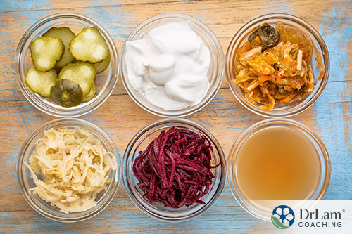 An image of 6 different probiotic rich foods in glass bowels
