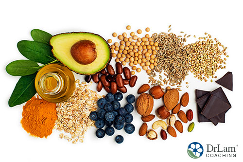 An image of anti-inflammatory foods like nuts, seeds, avocado and turmeric