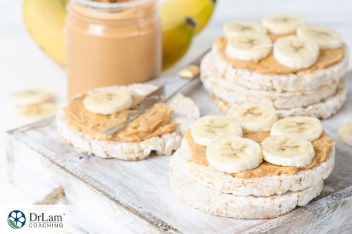 An image of rice cakes with peanut butter and banana slices