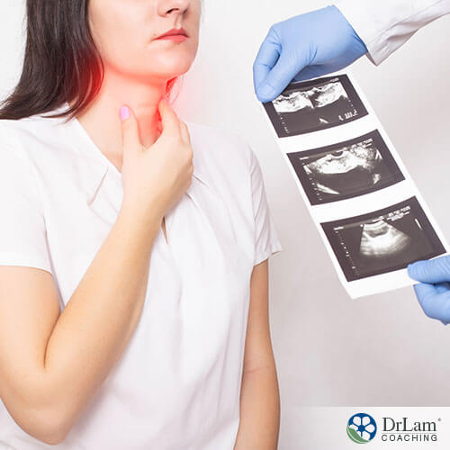 An image of a woman holding her throat while a doctor shows her images
