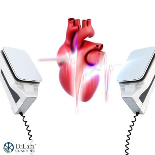 An image of a heart in between defibrillators