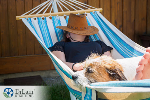 An image of a woman laying on a hammock in the shade with her dog