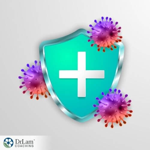 An image of a blue green shield with viruses behind it