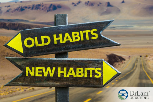 An image of a wooden sign with arrows pointing to old habbits and new habbits which can help with workplace stress